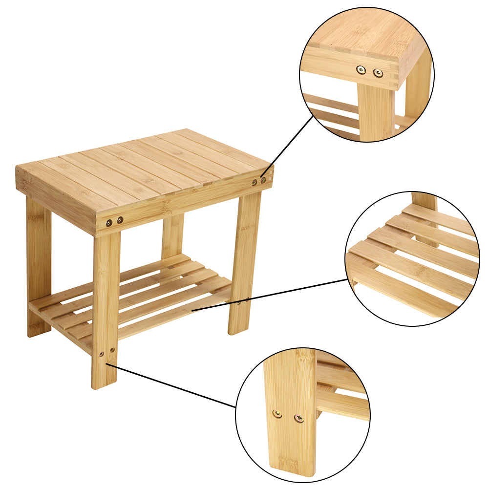 KKTONER Bamboo Step Stool with Storage Shower Bench with Shelf Foot Stool for Bathroom Living Room Bedroom