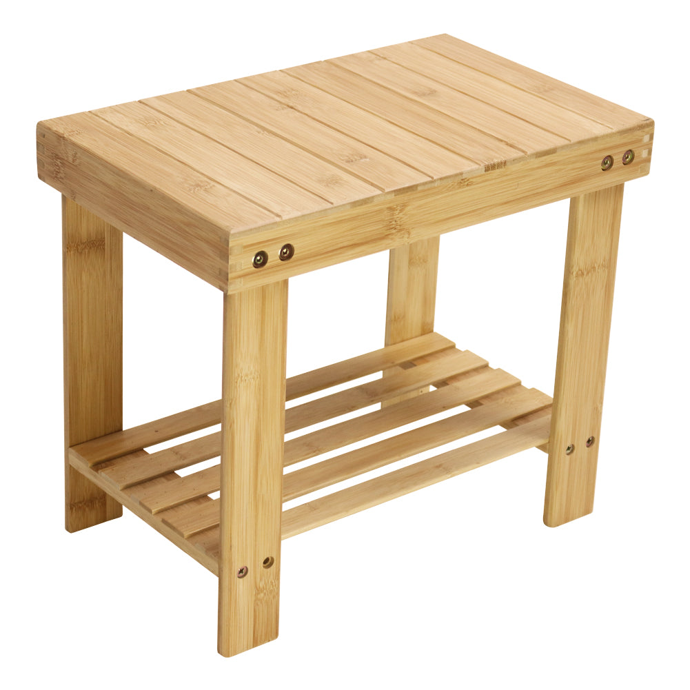 KKTONER Bamboo Step Stool with Storage Shower Bench with Shelf Foot Stool for Bathroom Living Room Bedroom
