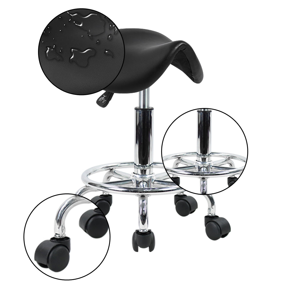 KKTONER Saddle Stool with Foot Rest PU Leather Swivel Adjustable Rolling Stool with Wheels Facial Salon Chair (Black)