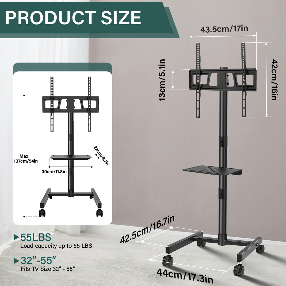 BFTOU Mobile TV Stand with Castors, suitable for 32–55-inch screens, maximum load capacity of 55 lbs, height-adjustable