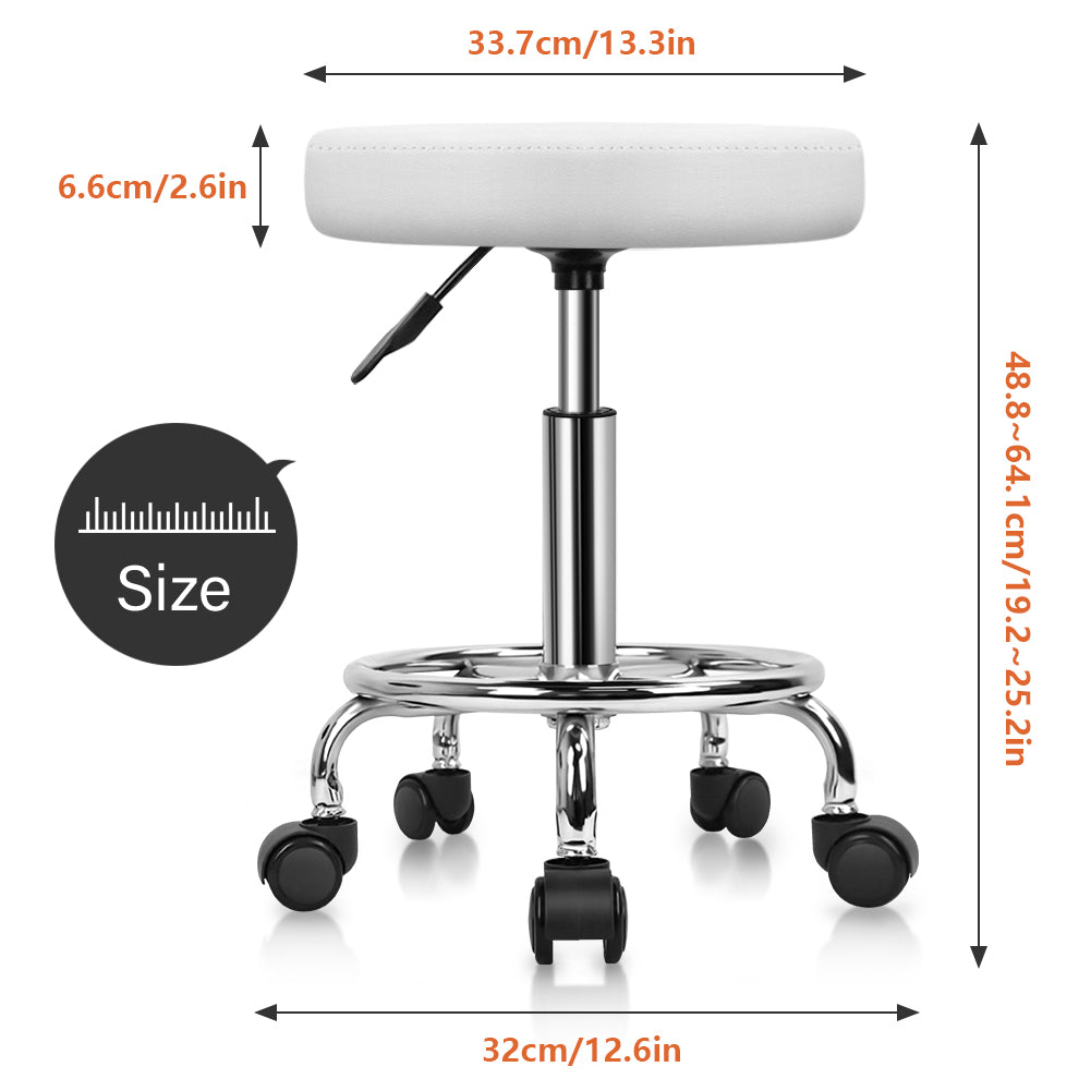 KKTONER PU Leather Round Rolling Stool with Foot Rest Swivel Height Adjustment Spa Office Massage Stools Small (White)