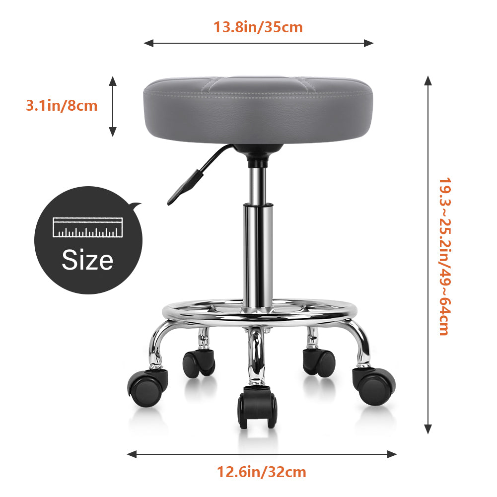 KKTONER Round Rolling Stool Chair PU Leather Height Adjustable Swivel Work Stools with Wheels Office Chair Small (Gray)