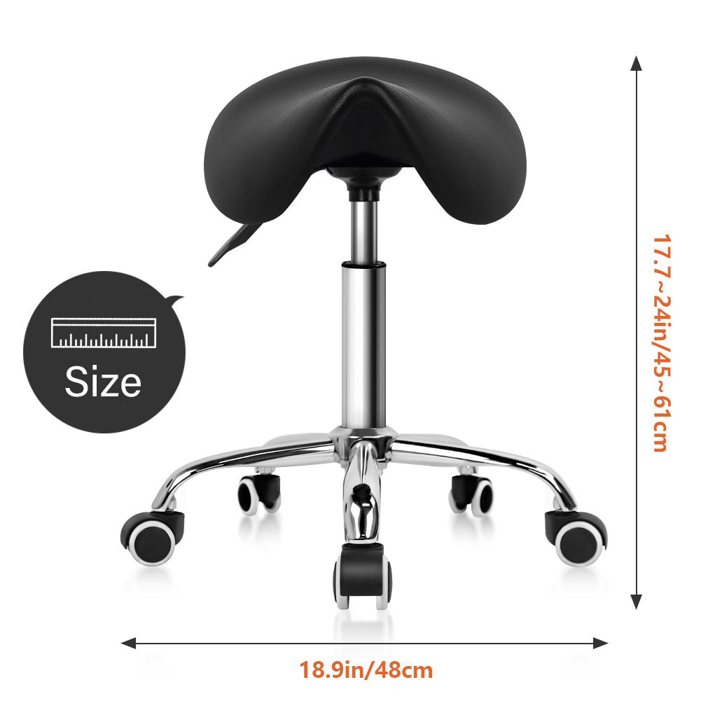 KKTONER Rolling Saddle Stool PU Leather Swivel Adjustable Rolling Stool with Wheels Salon Chair Black