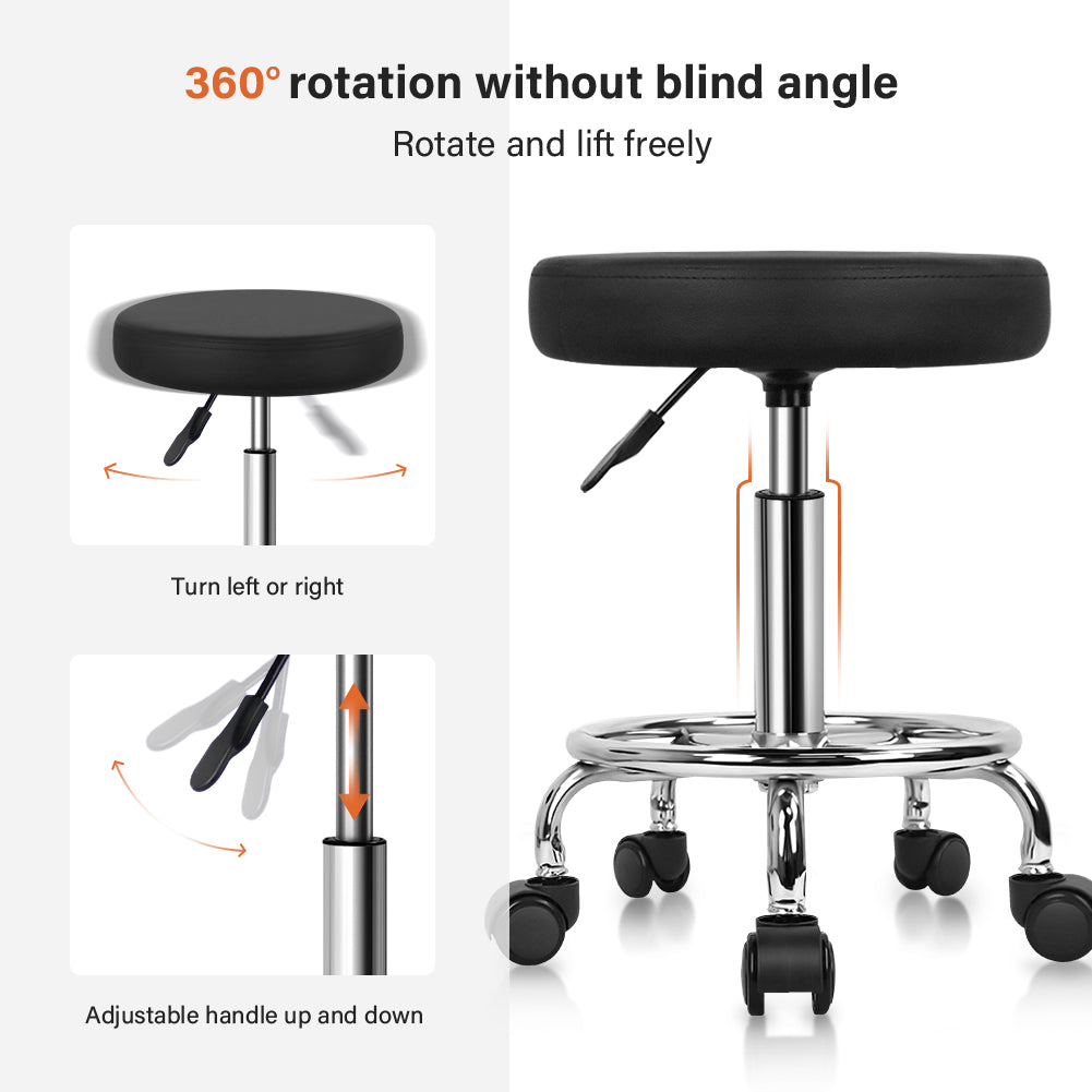 KKTONER PU Leather Round Rolling Stool with Foot Rest Swivel Height Adjustment Spa Office Massage Stools Small (Black)