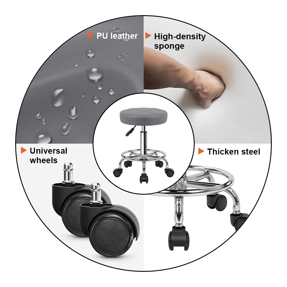 KKTONER Round Rolling Stool Chair PU Leather Height Adjustable Swivel Work Stools with Wheels Office Chair Small (Gray)