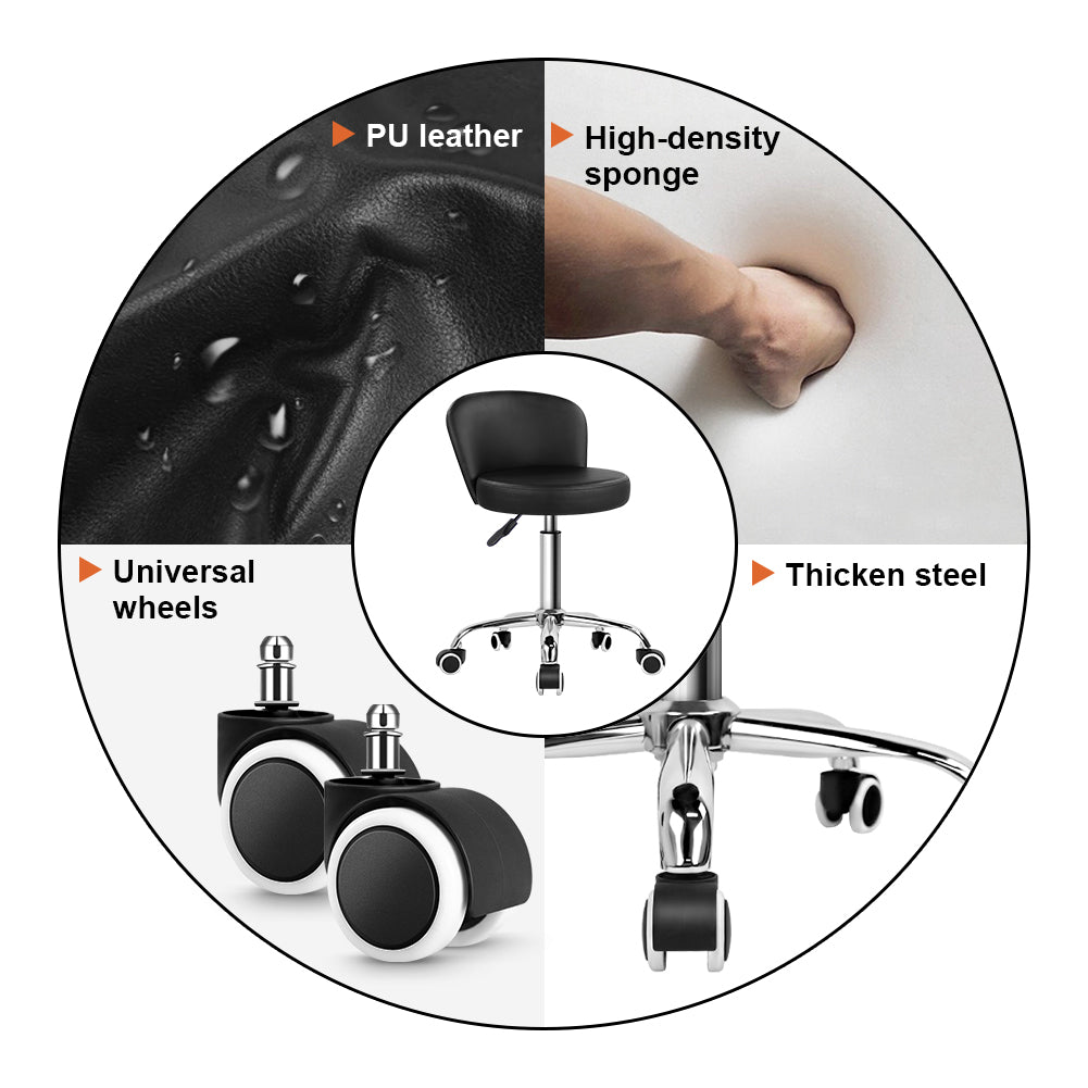 KKTONER Rolling Vanity Chair with Backrest Height Adjustable Office Chair PU Leather Swivel Drafting Stool with Wheels