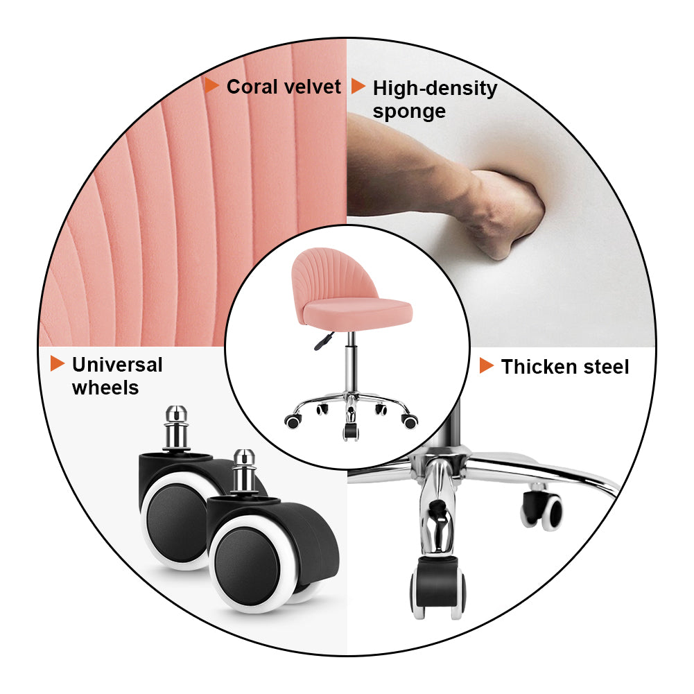 KKTONER Rolling Stool Swivel Chair Velvet Vanity Chairs Height Adjustable stools with Back for Makeup Drafting(Pink)
