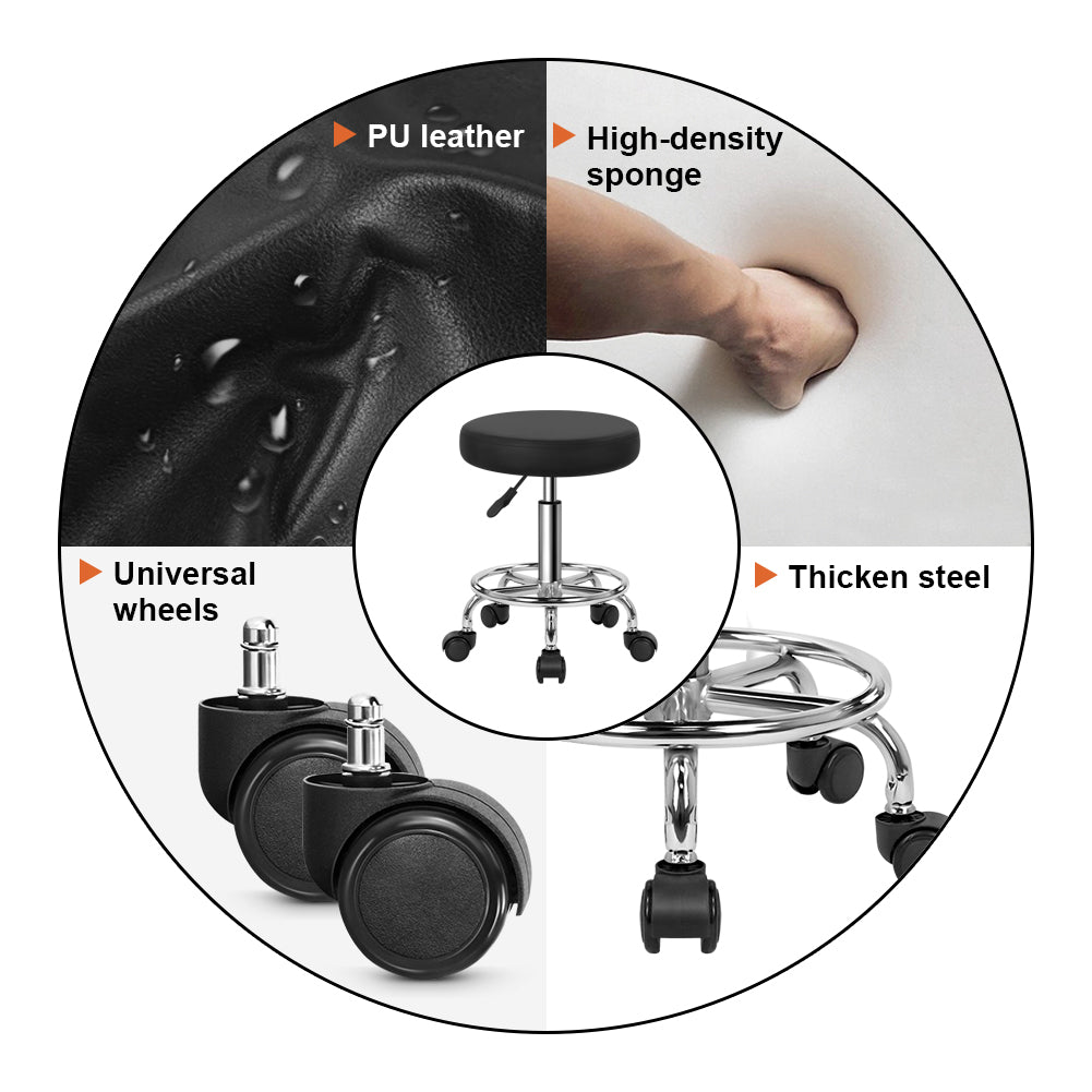 KKTONER PU Leather Round Rolling Stool with Foot Rest Swivel Height Adjustment Spa Office Massage Stools Small (Black)