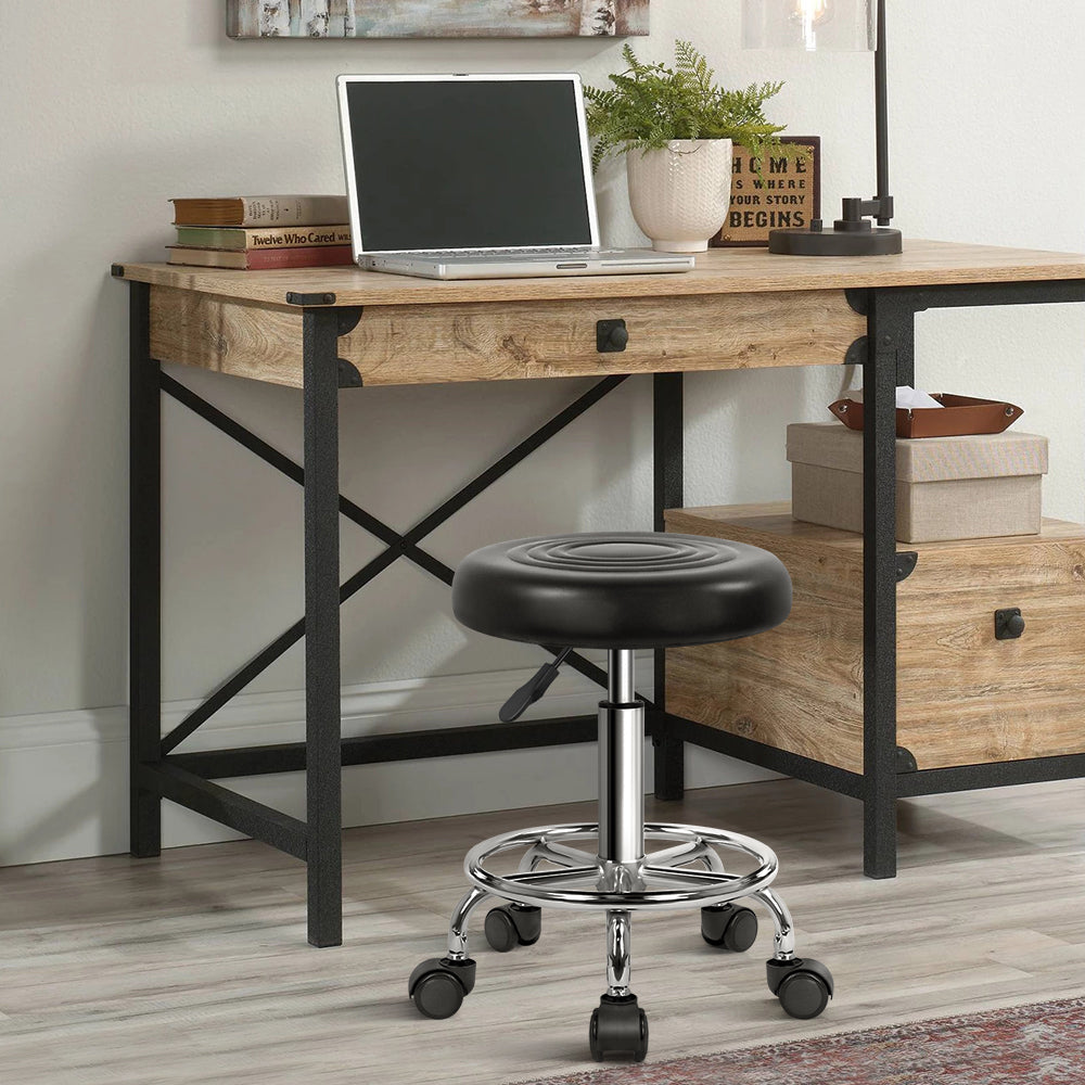 KKTONER PU Leather Modern Round Rolling Stool with Footrest Height Adjustable Spa Drafting Stools Small (Black)