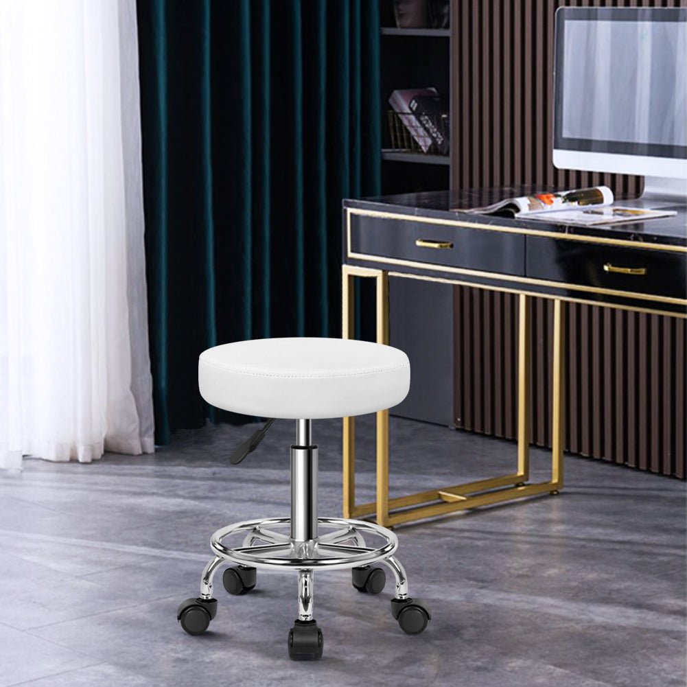 KKTONER PU Leather Round Rolling Stool with Foot Rest Swivel Height Adjustment Spa Office Massage Stools Small (White)