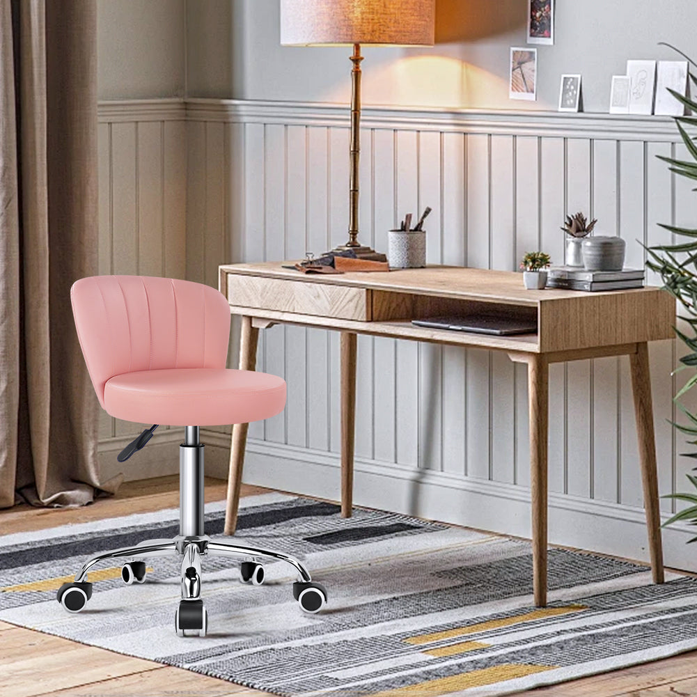 KKTONER Rolling Stool with Backrest Height Adjustable Office Chair PU Leather Swivel Vanity Chair with Wheels (Pink)