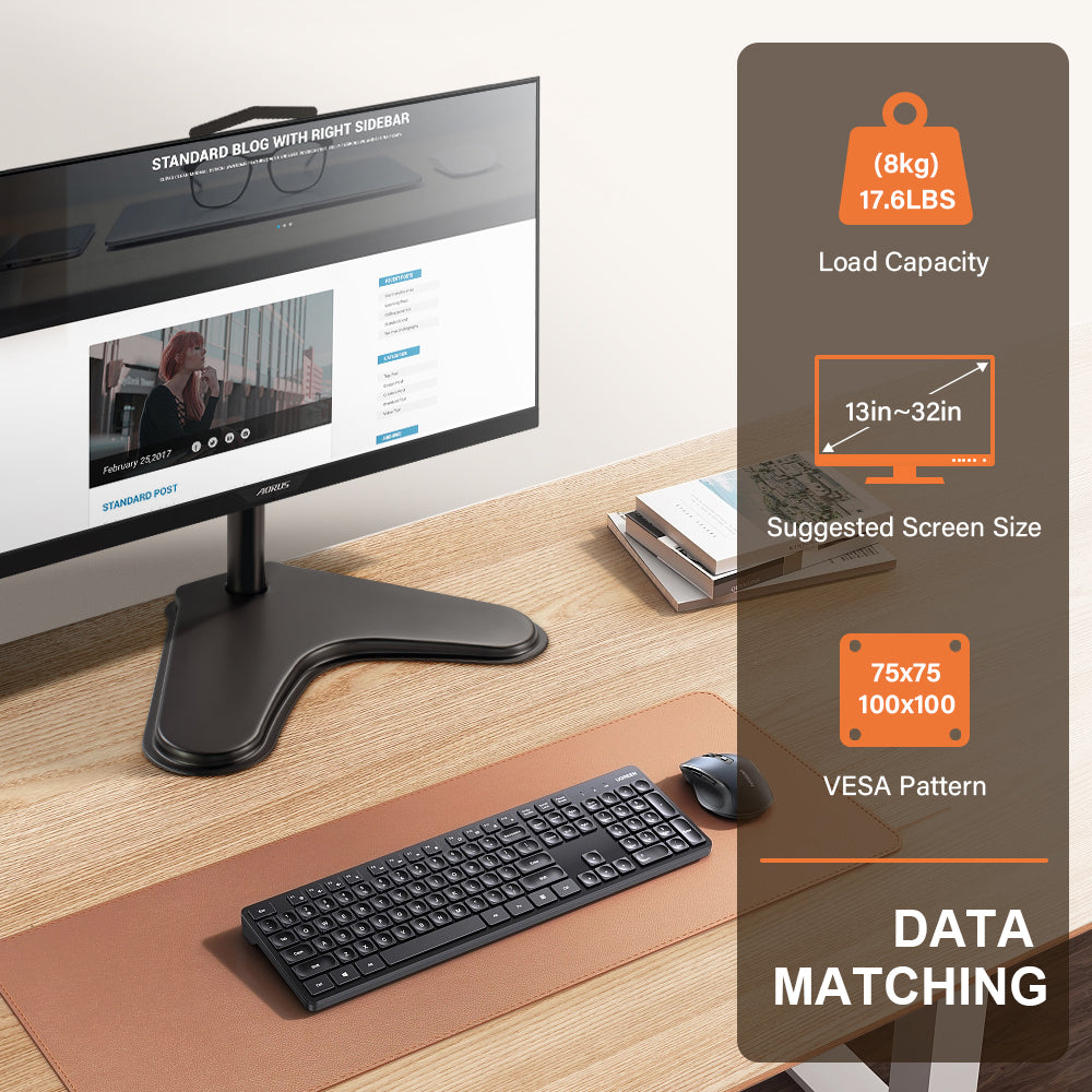 KKTONER Single-Screen Computer Monitor Stand VESA Mounting Holes Compatible with 13 to 32-inch Screens Height-Adjustable