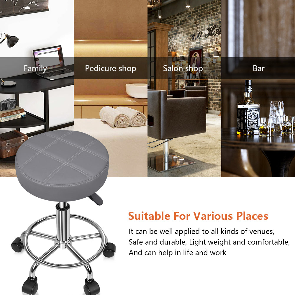 KKTONER Round Rolling Stool Chair PU Leather Height Adjustable Swivel Work Stools with Wheels Office Chair Small (Gray)