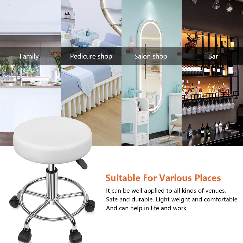 KKTONER PU Leather Round Rolling Stool with Foot Rest Swivel Height Adjustment Spa Office Massage Stools Small (White)