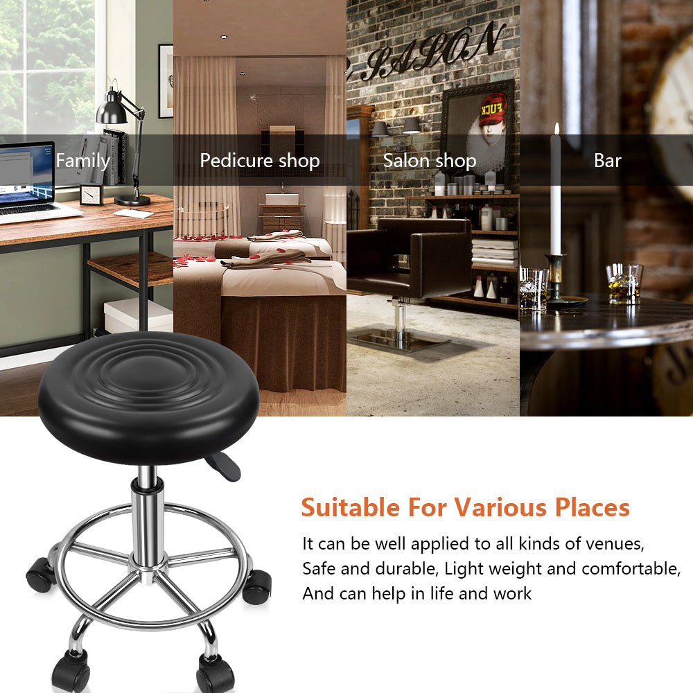 KKTONER PU Leather Modern Round Rolling Stool with Footrest Height Adjustable Spa Drafting Stools Small (Black)