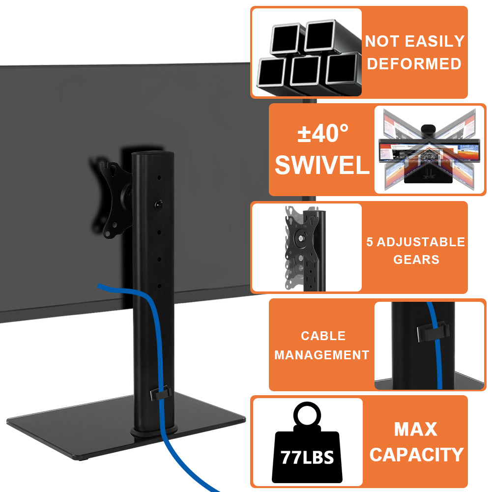 KKTONER Single Computer Monitor Stand Free Standing Desk Vesa Mount for 13 inch to 32 inch Screen Height Adjustable