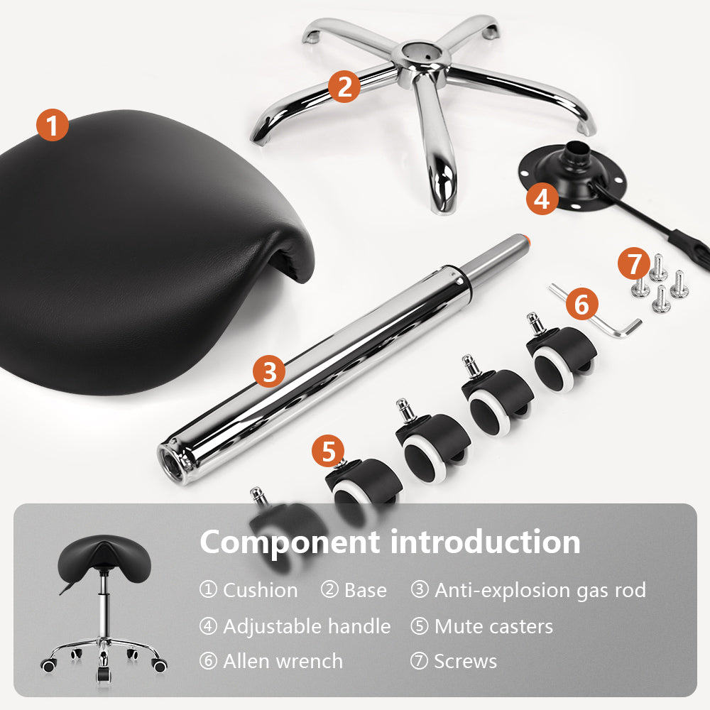 KKTONER Rolling Saddle Stool PU Leather Swivel Adjustable Rolling Stool with Wheels Salon Chair Black