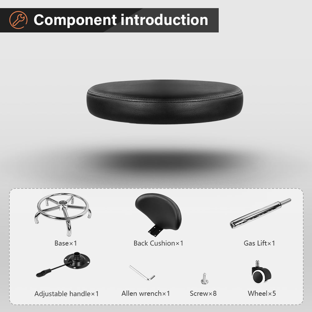 KKTONER Black Low-Back Faux Leather Swivel Stool with Footrest, Height Adjustable, Modern Castor Office Chair