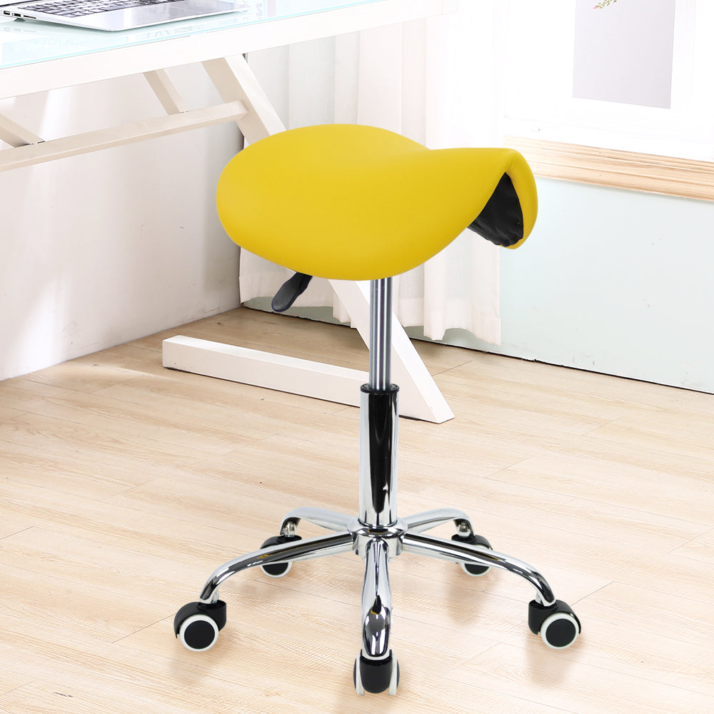 KKTONER PU Leather Saddle Stool Height Adjustable Swivel Rolling Stool with Wheels Yellow