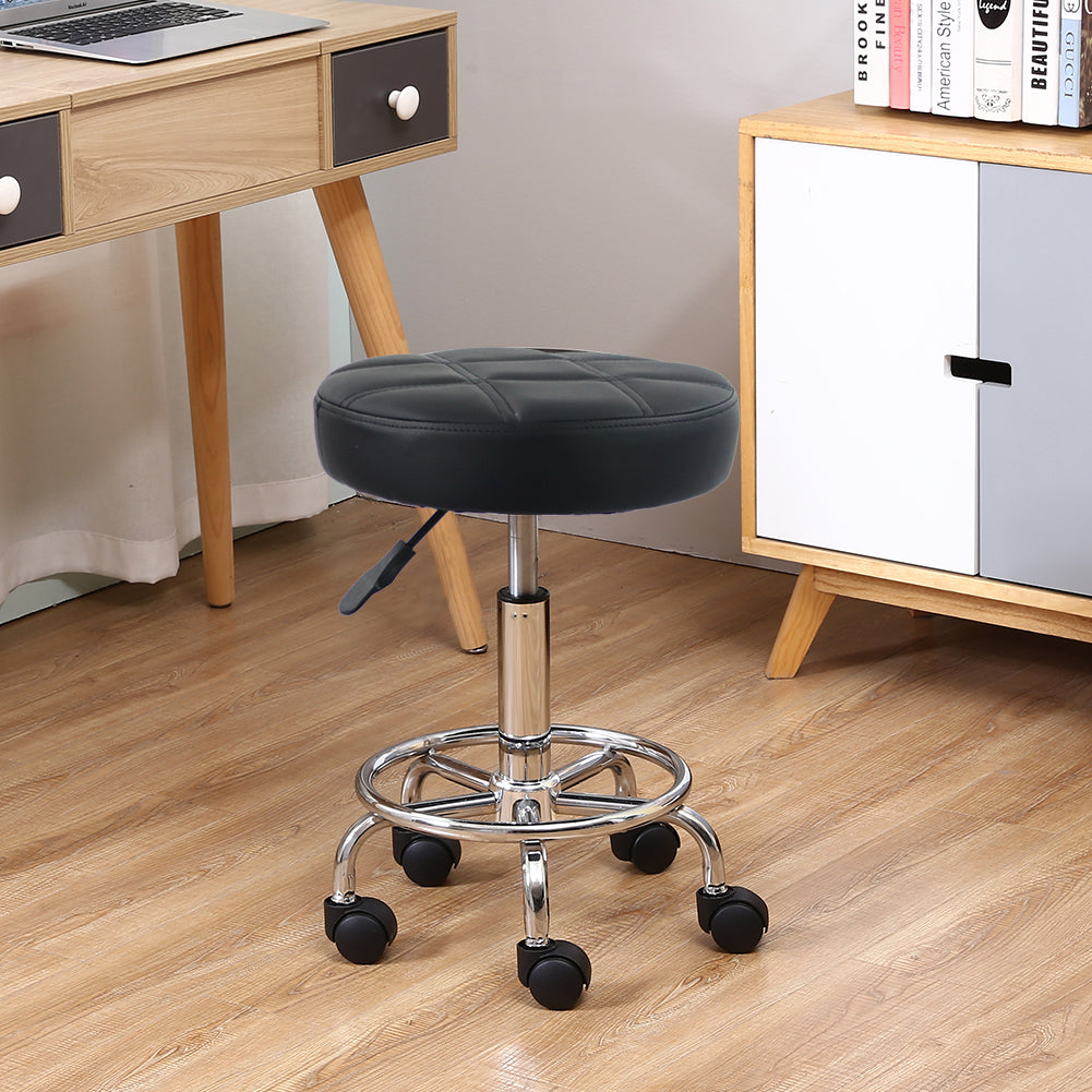 KKTONER Round Rolling Stool Chair PU Leather Height Adjustable Swivel Drafting Stools with Wheels Small (Black)