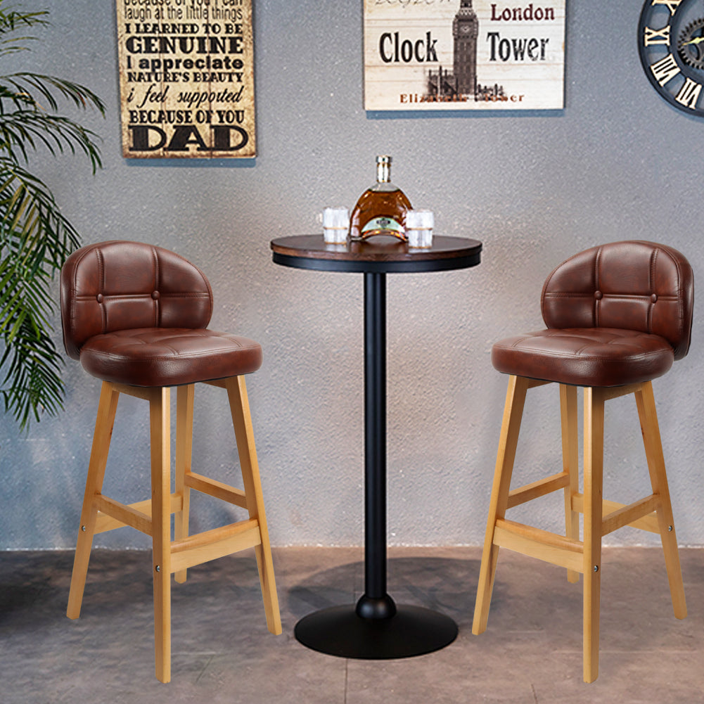 KKTONER Taburete de bar de cuero de PU, taburete de cocina de estilo industrial de madera maciza retro, taburete de bar con respaldo bajo (marrón)