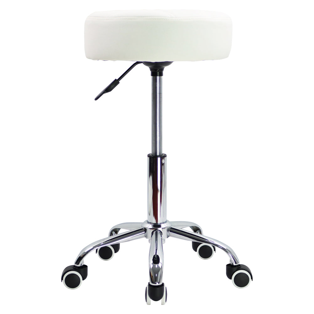 KKTONER Round Rolling Stool PU Leather Height Adjustable Swivel Salon Stools with Wheels White