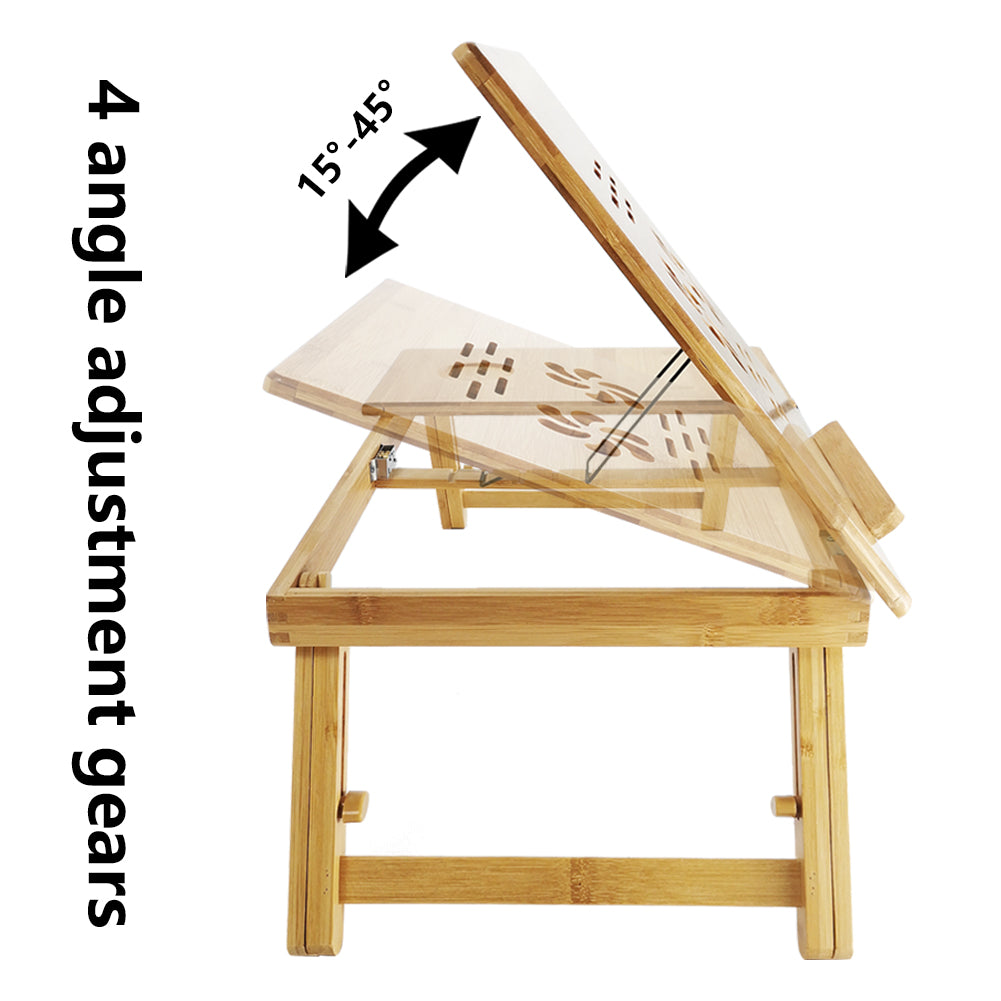 KKTONER Mesa de escritorio con soporte para computadora portátil con patas ajustables, bandeja plegable 100% de bambú para servir el desayuno (flor)