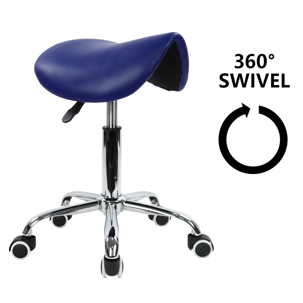 KKTONER PU Leather Saddle Stool Height Adjustable Swivel Rolling Stool with Wheels Blue