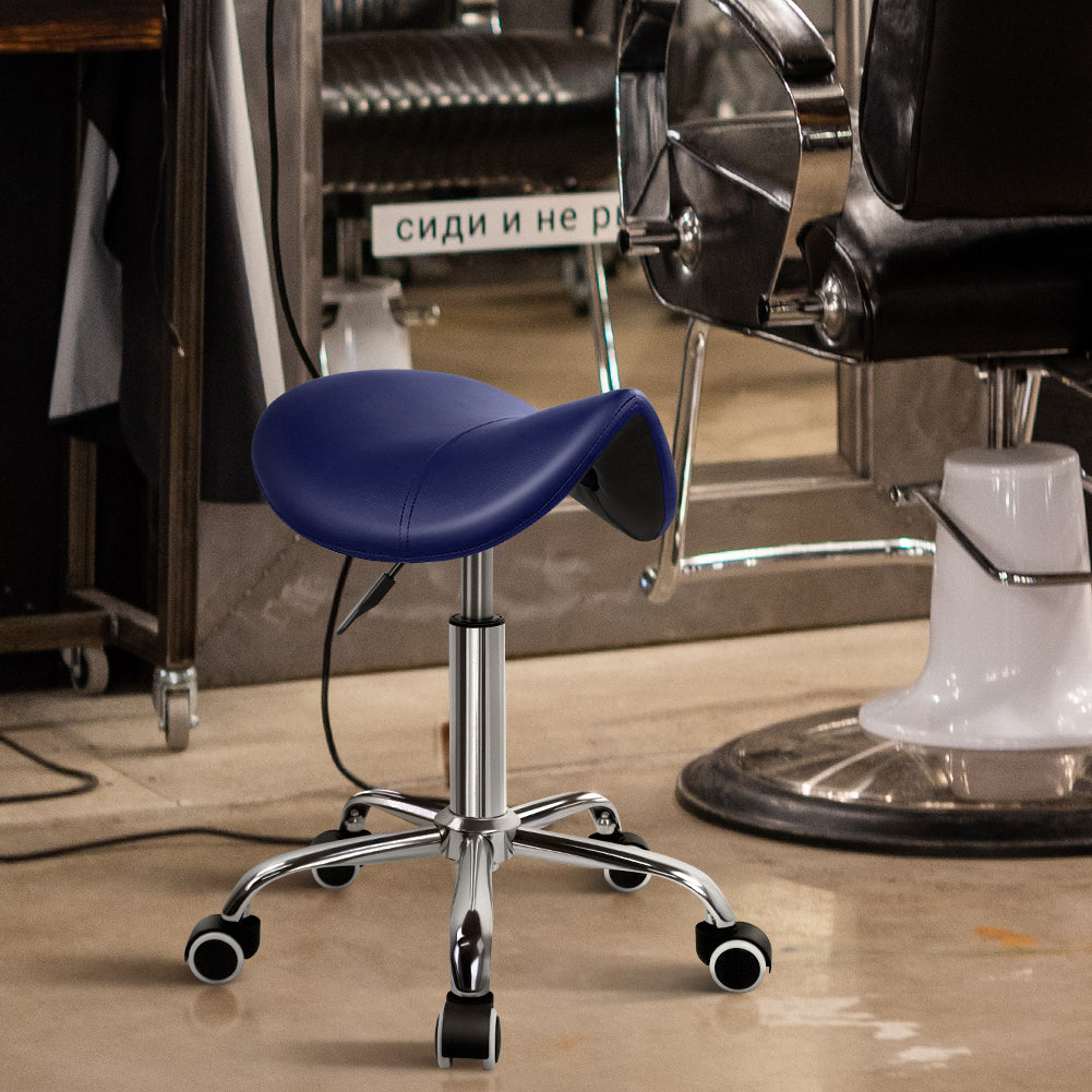 KKTONER PU Leather Saddle Stool Height Adjustable Swivel Rolling Stool with Wheels Blue