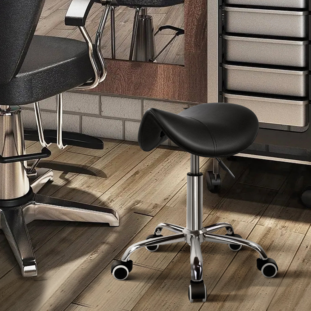 KKTONER PU Leather Saddle Stool Height Adjustable Swivel Rolling Stool with Wheels Black
