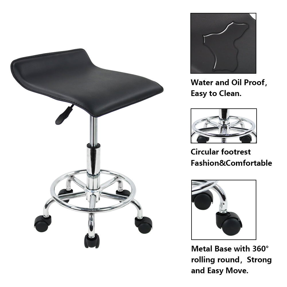 KKTONER Taburete cuadrado con ruedas de piel sintética, altura ajustable, giratorio, para masaje, spa, salón, silla de trabajo con ruedas, color negro