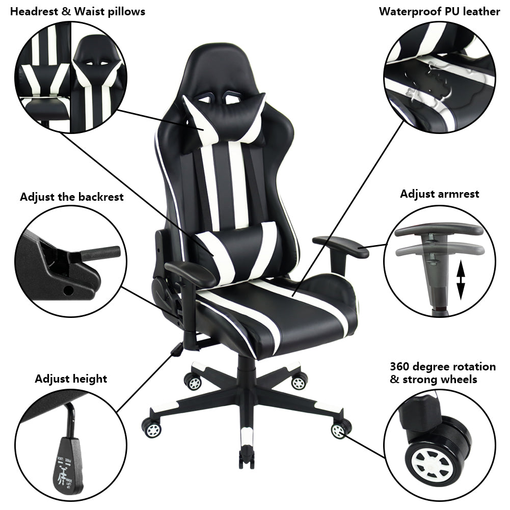 KKTONER Silla ergonómica para juegos para computadora de carreras E-Sport Silla giratoria de altura ajustable para jugadores (blanco)