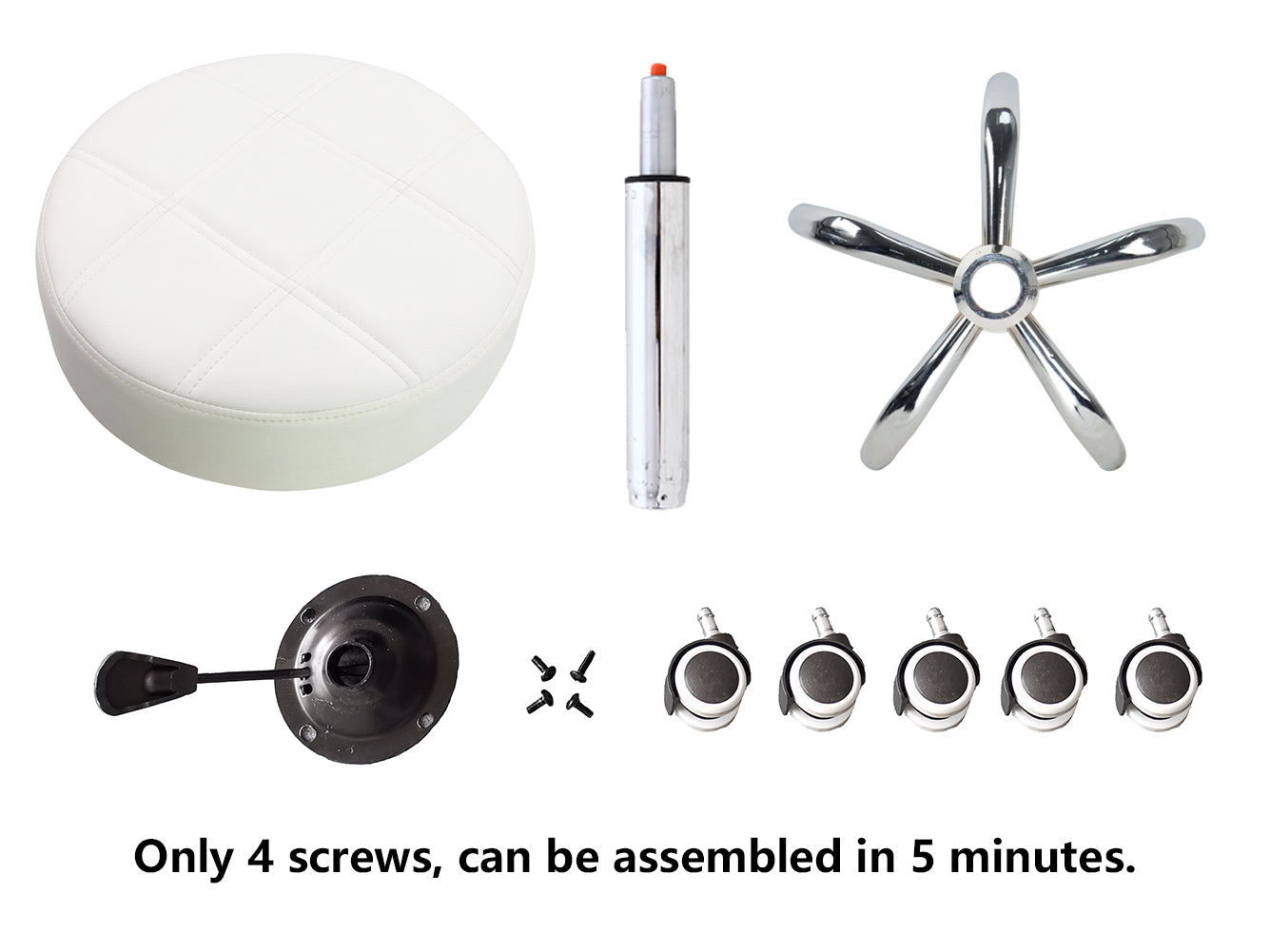 KKTONER Taburete redondo con ruedas de piel sintética, altura ajustable, giratorio, taburetes de salón con ruedas, color blanco