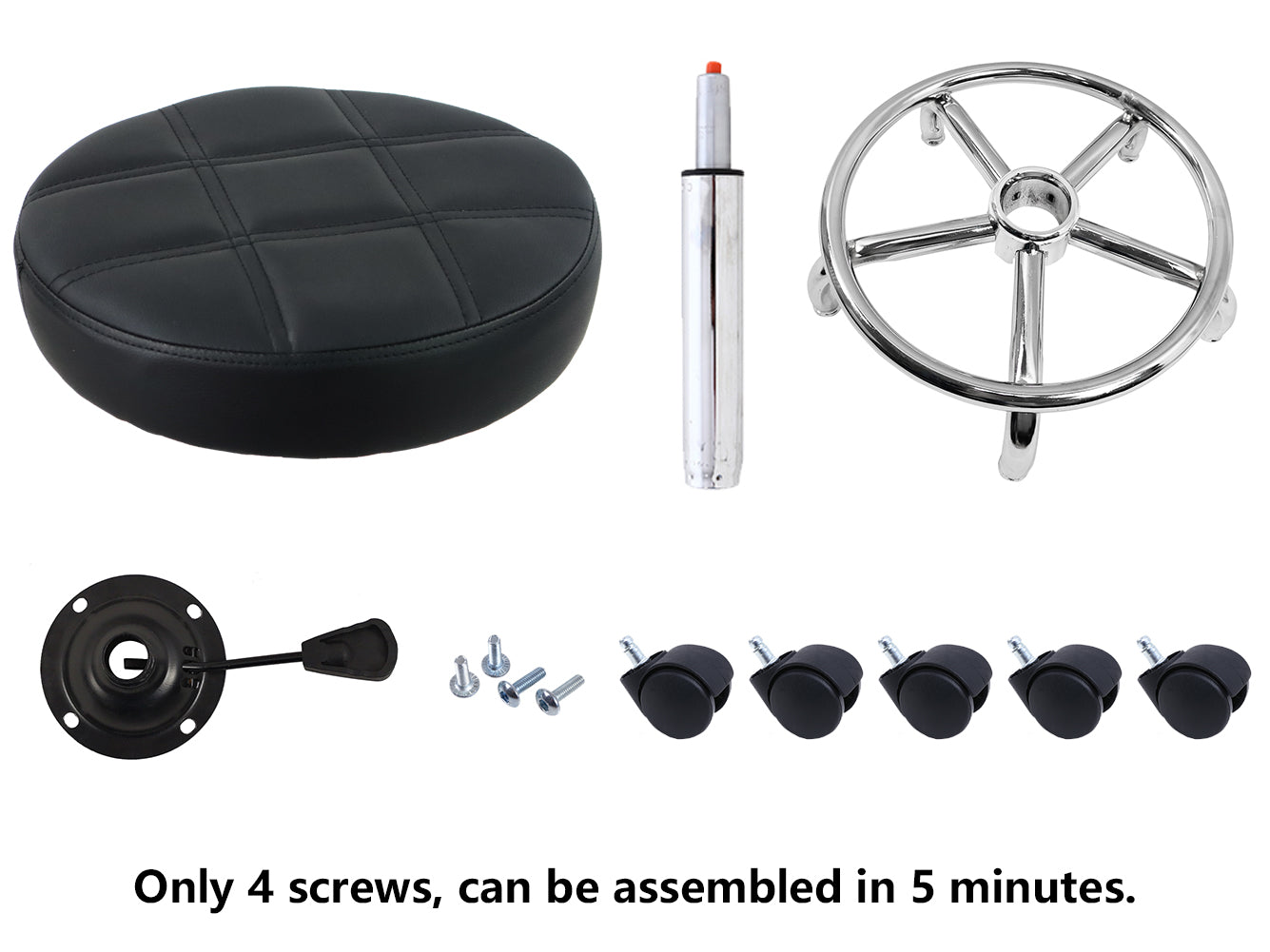 KKTONER Taburete redondo con ruedas de piel sintética, altura ajustable, giratorio, con ruedas, pequeño (negro)