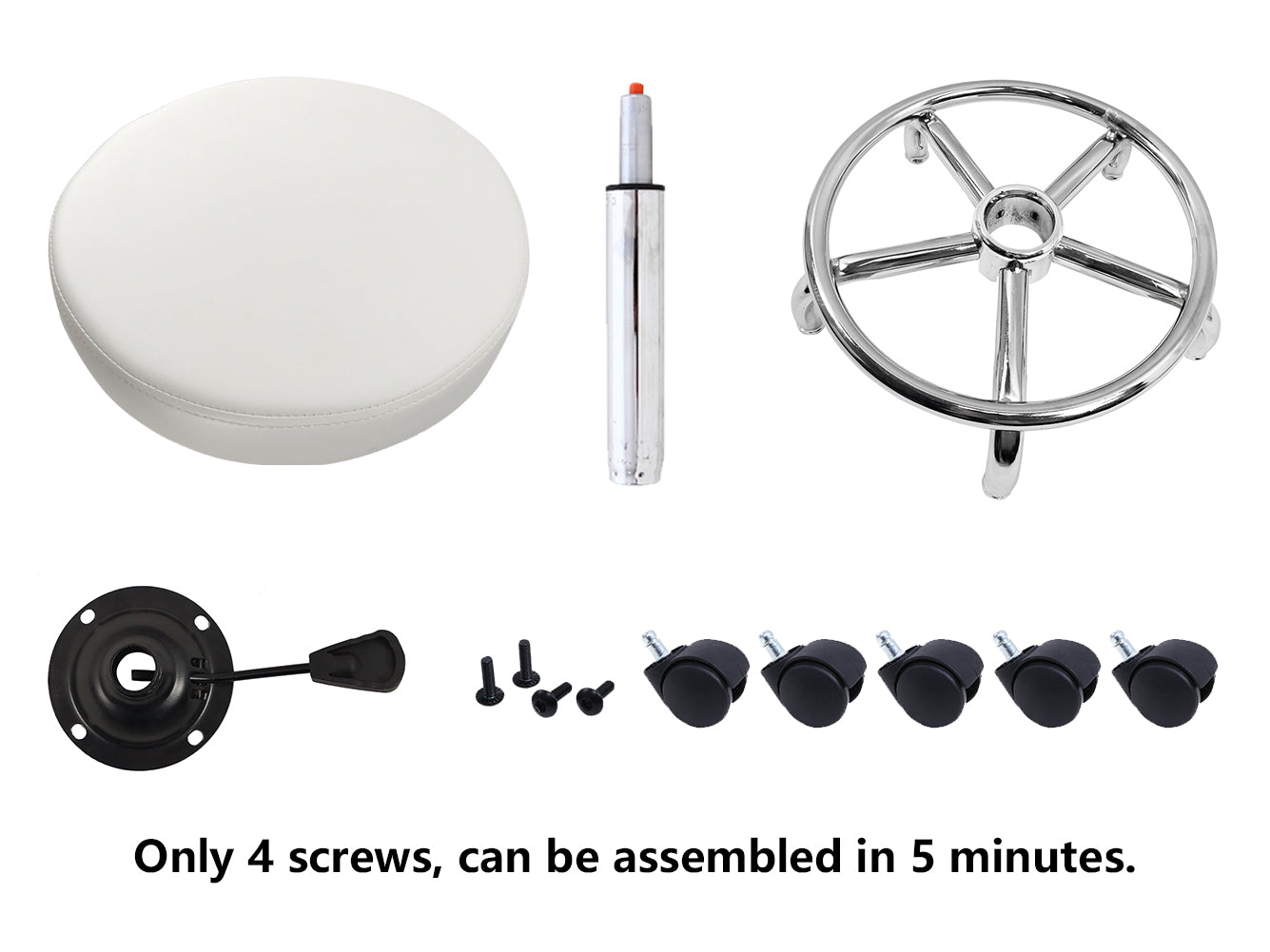 KKTONER Taburete con Ruedas Redondo de Cuero PU con reposapiés Taburetes de Tatuaje con Ajuste de Altura Giratorio Blanco