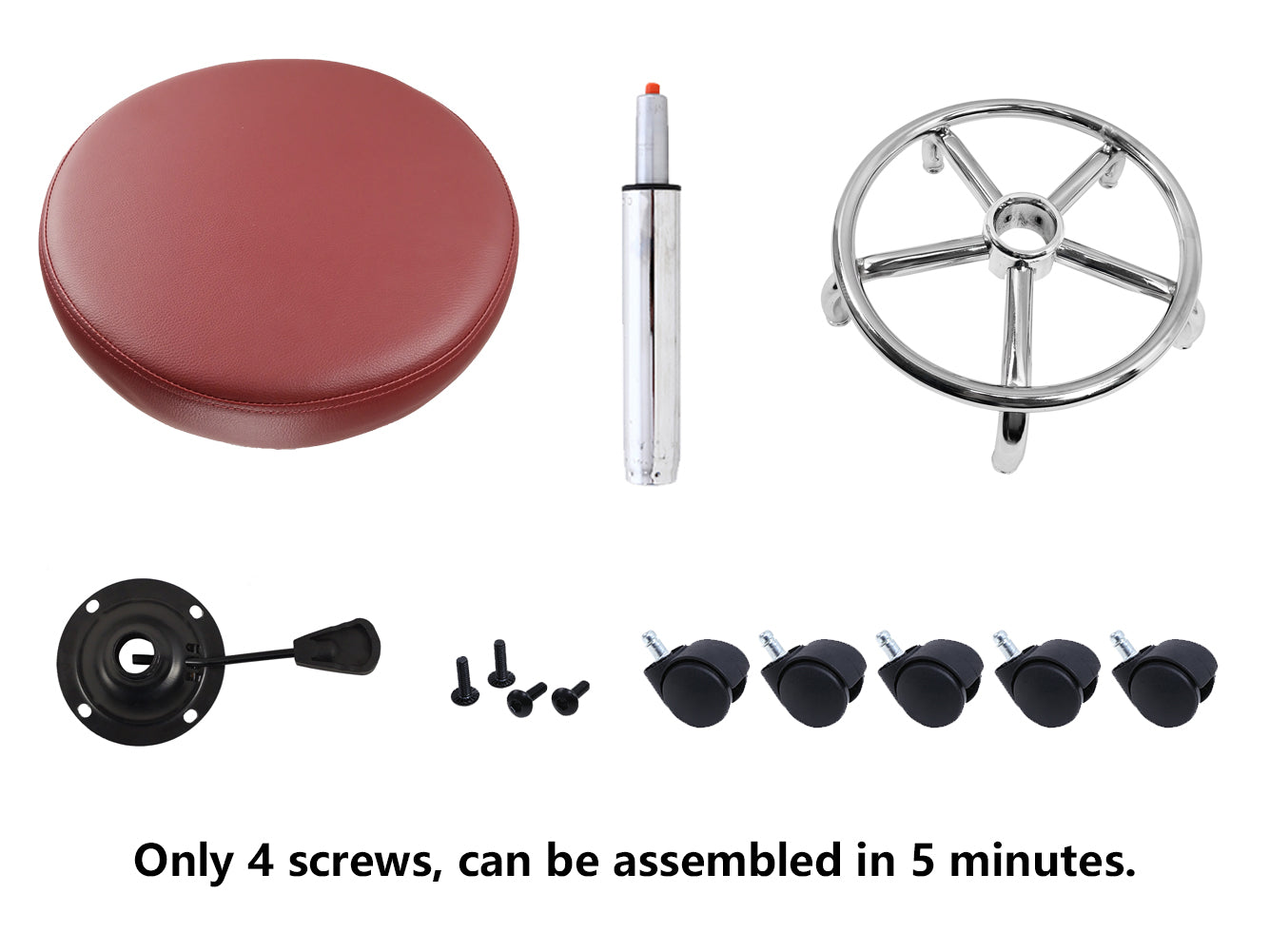 KKTONER Taburete con Ruedas Redondo de Cuero PU con reposapiés Taburetes de Tatuaje con Ajuste de Altura Giratorio Rojo