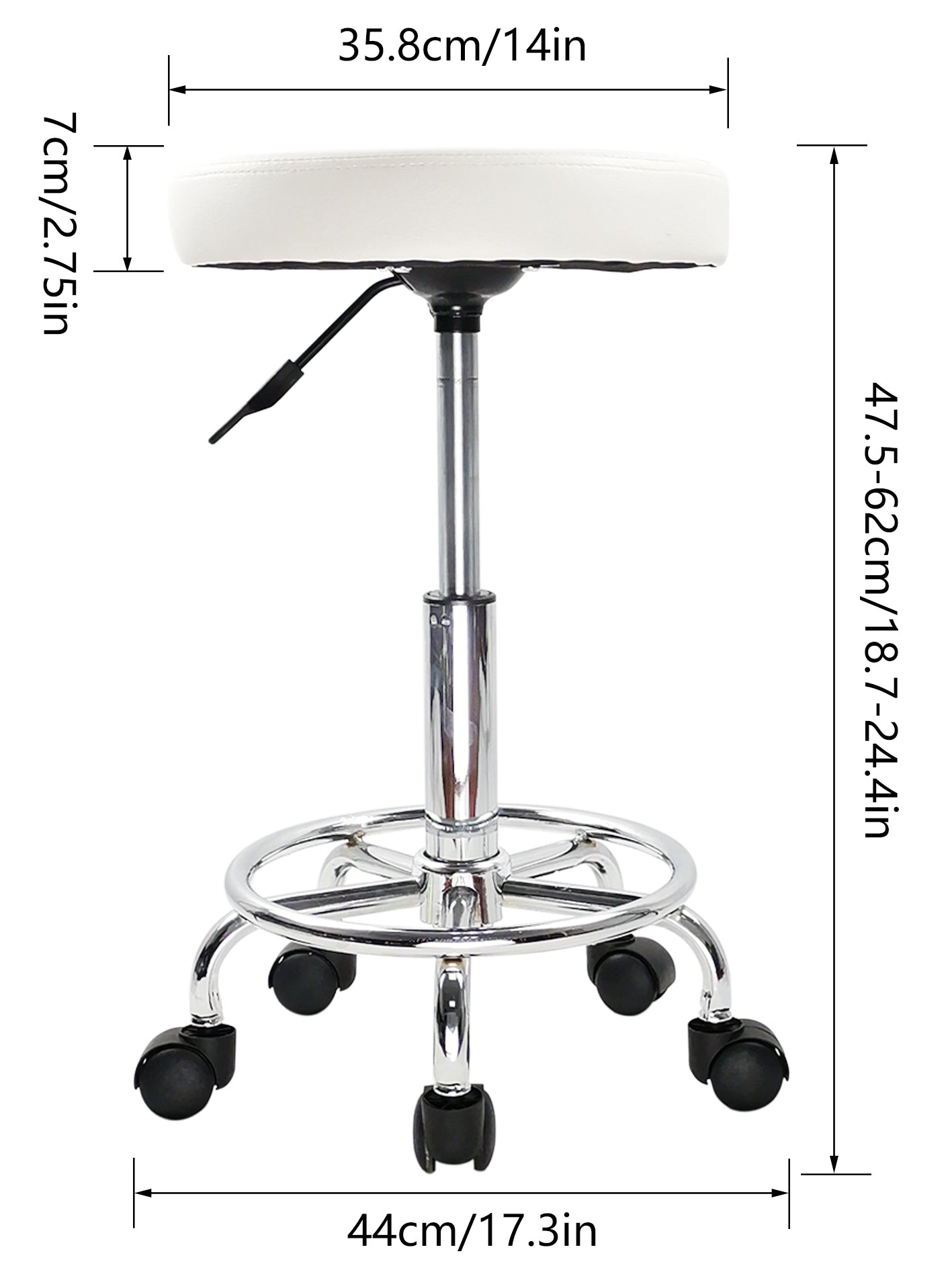 KKTONER Taburete con Ruedas Redondo de Cuero PU con reposapiés Taburetes de Tatuaje con Ajuste de Altura Giratorio Blanco