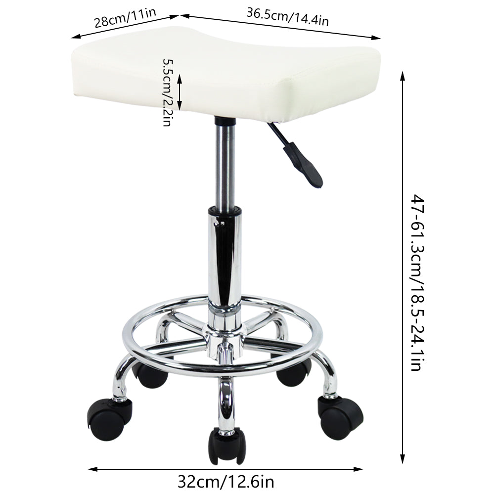 KKTONER Taburete cuadrado con ruedas de piel sintética, altura ajustable, giratorio, para masaje, spa, salón, silla de trabajo con reposapiés pequeño (blanco)