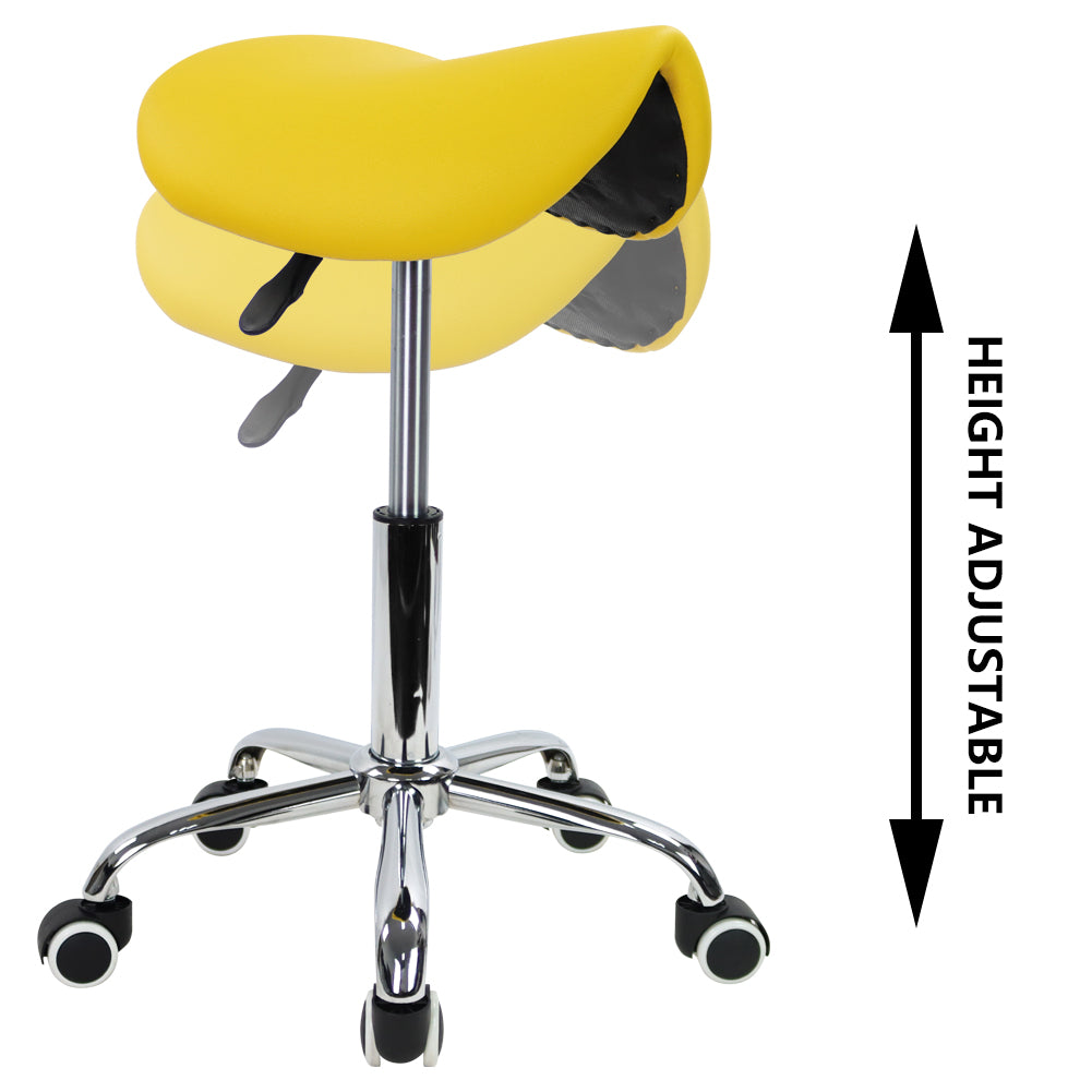 KKTONER Taburete con Silla de Montar de Cuero PU, Taburete Giratorio con Ruedas y Altura Ajustable, Amarillo