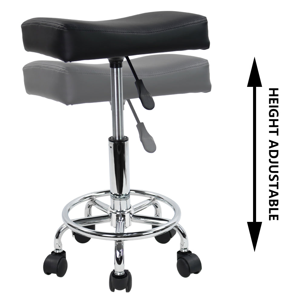 KKTONER Taburete cuadrado con ruedas de piel sintética, altura ajustable, giratorio, para masaje, spa, salón, silla de trabajo con reposapiés pequeño (negro)