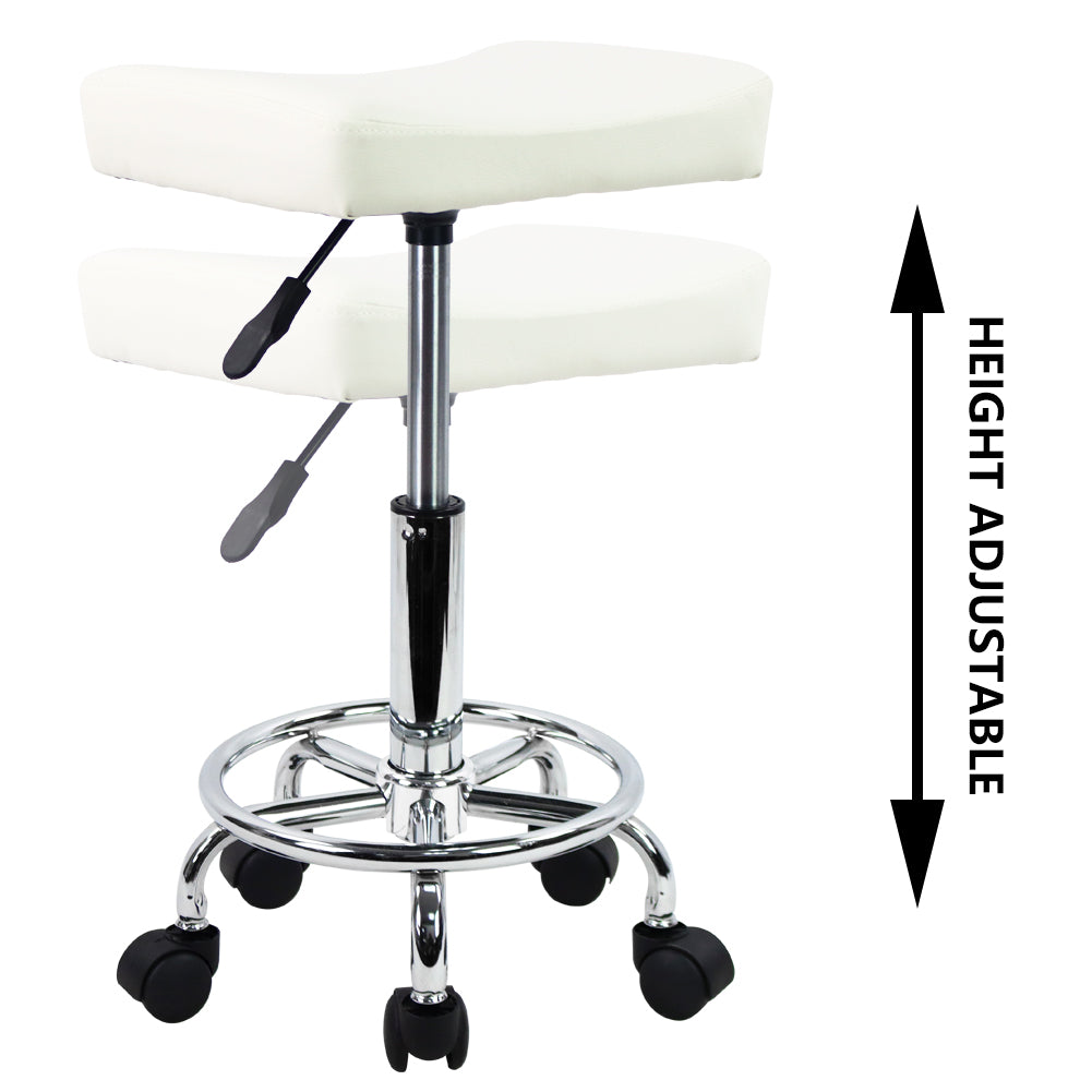 KKTONER Taburete cuadrado con ruedas de piel sintética, altura ajustable, giratorio, para masaje, spa, salón, silla de trabajo con reposapiés pequeño (blanco)