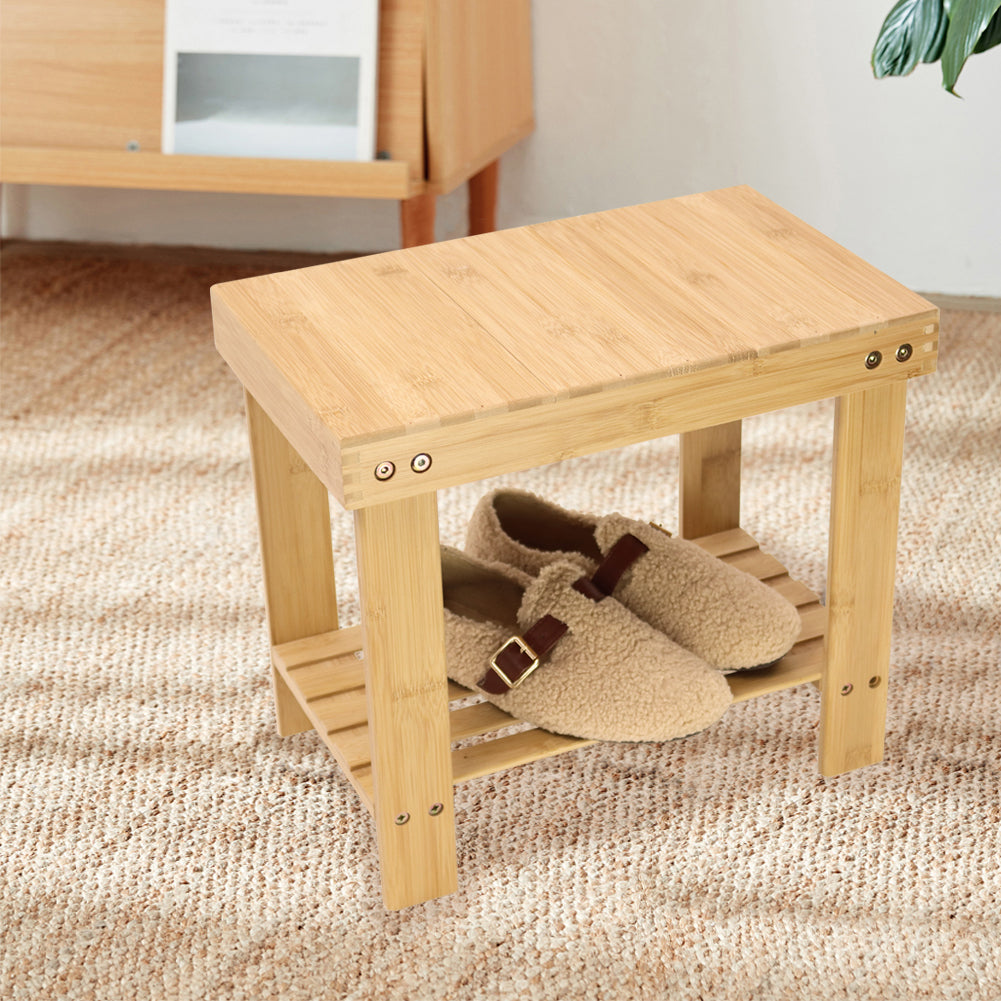 KKTONER Bamboo Step Stool with Storage Shower Bench with Shelf Foot Stool for Bathroom Living Room Bedroom