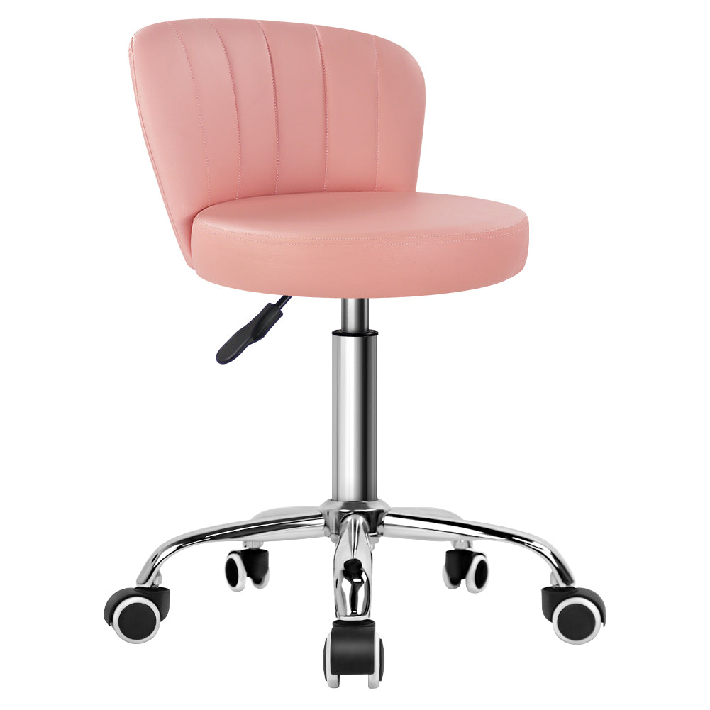 KKTONER Rolling Stool with Backrest Height Adjustable Office Chair PU Leather Swivel Vanity Chair with Wheels (Pink)