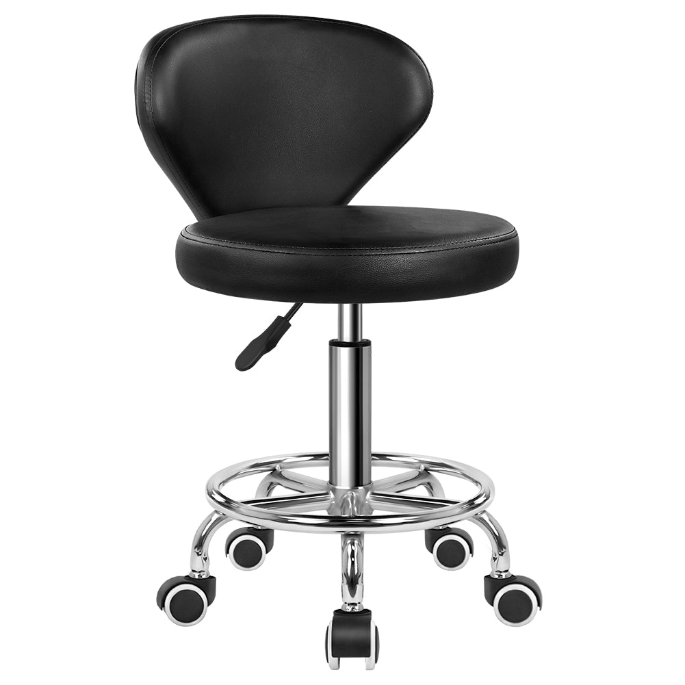 KKTONER Black Low-Back Faux Leather Swivel Stool with Footrest, Height Adjustable, Modern Castor Office Chair