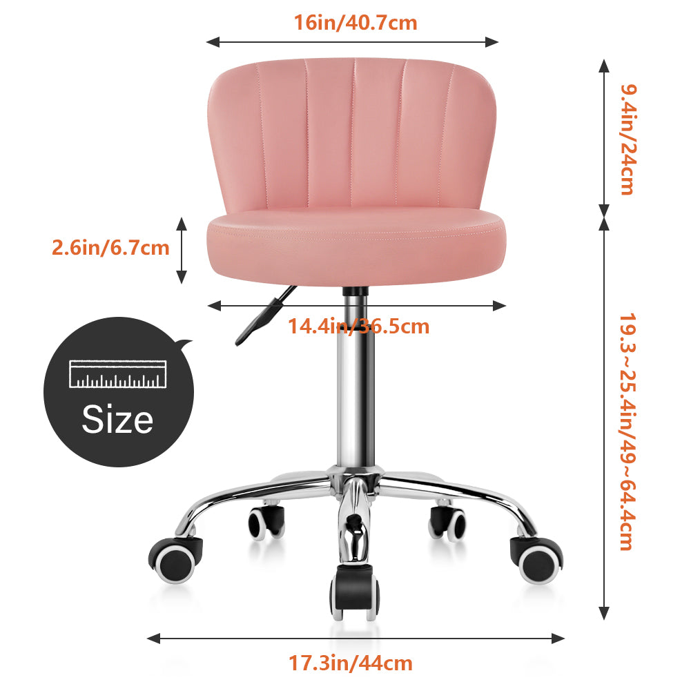 KKTONER Rolling Stool with Backrest Height Adjustable Office Chair PU Leather Swivel Vanity Chair with Wheels (Pink)