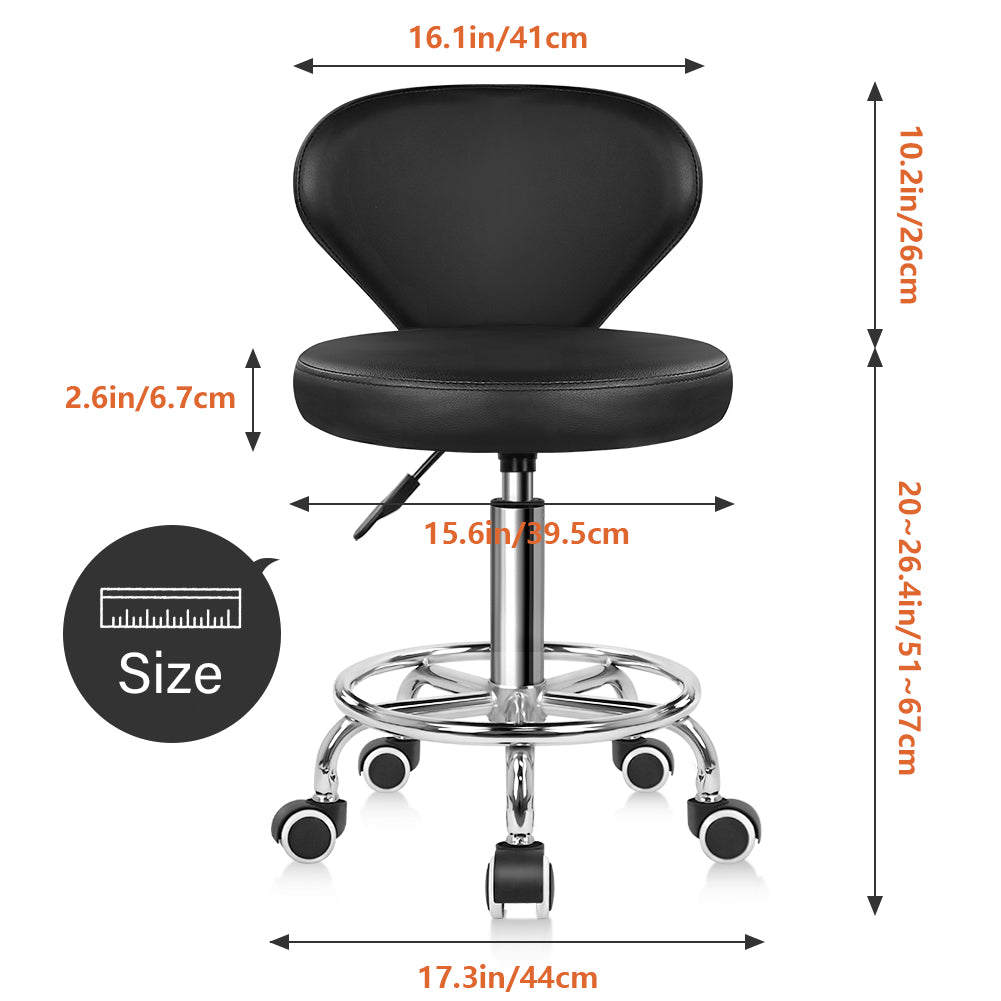 KKTONER Black Low-Back Faux Leather Swivel Stool with Footrest, Height Adjustable, Modern Castor Office Chair