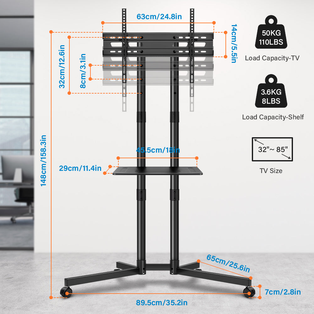 KKTONER Mobile TV Cart for 32 to 85-inch LCD LED Flat Screen/Curved TVs Floor TV Stand on Wheels