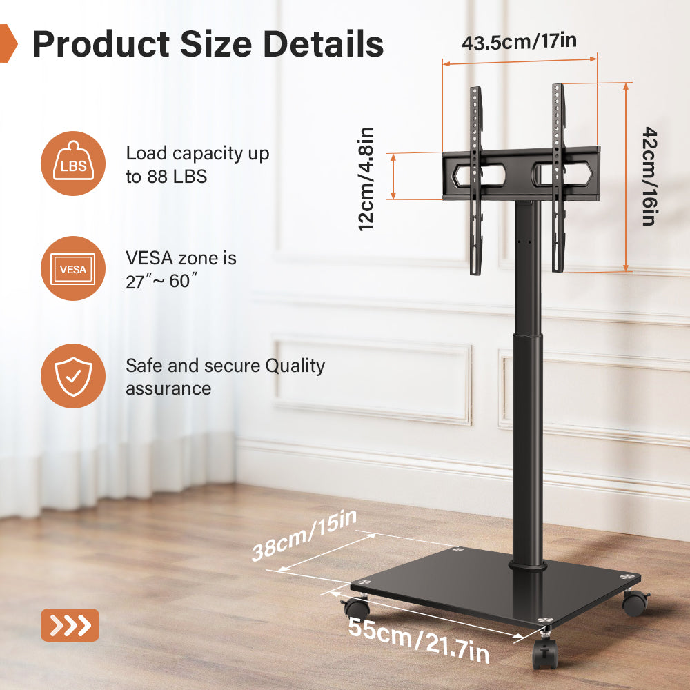 KKTONER Mobile TV Stand Rolling TV Cart for 27 to 65 inch Height Adjustable Rolling TV Stand
