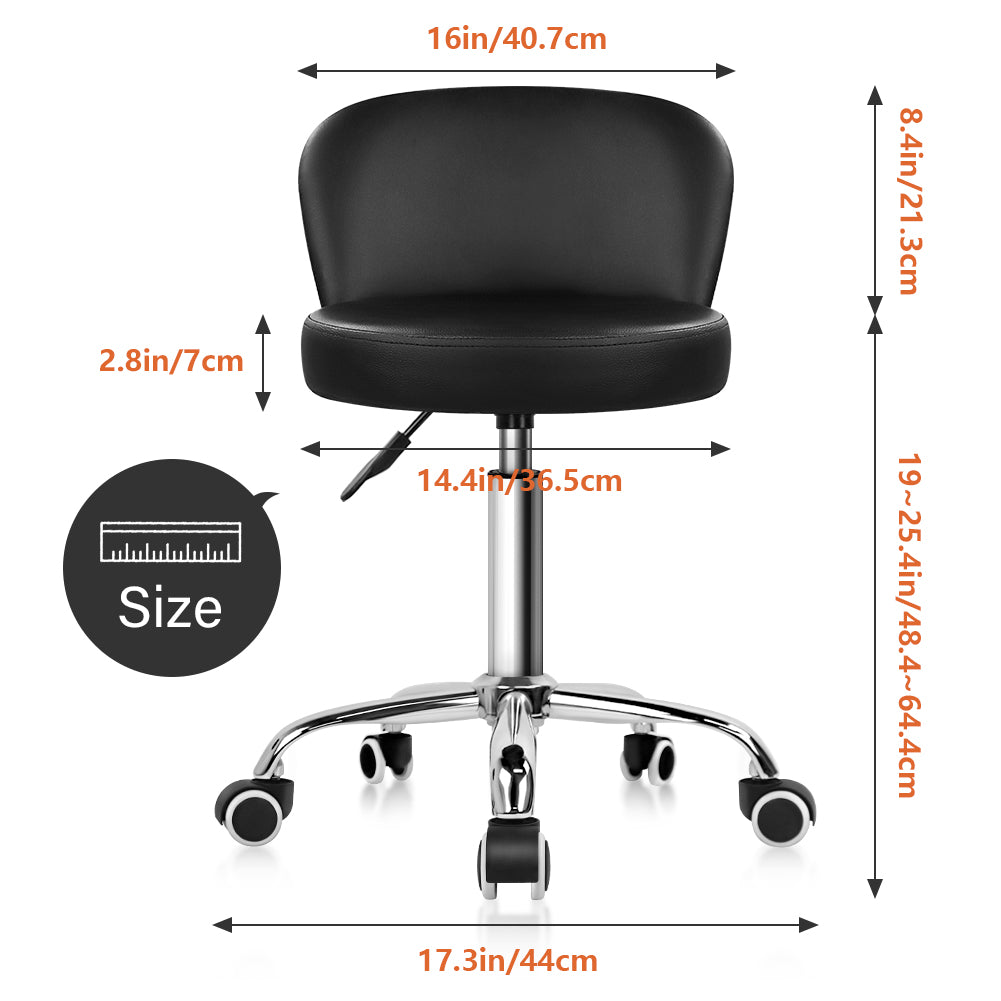 KKTONER Rolling Vanity Chair with Backrest Height Adjustable Office Chair PU Leather Swivel Drafting Stool with Wheels