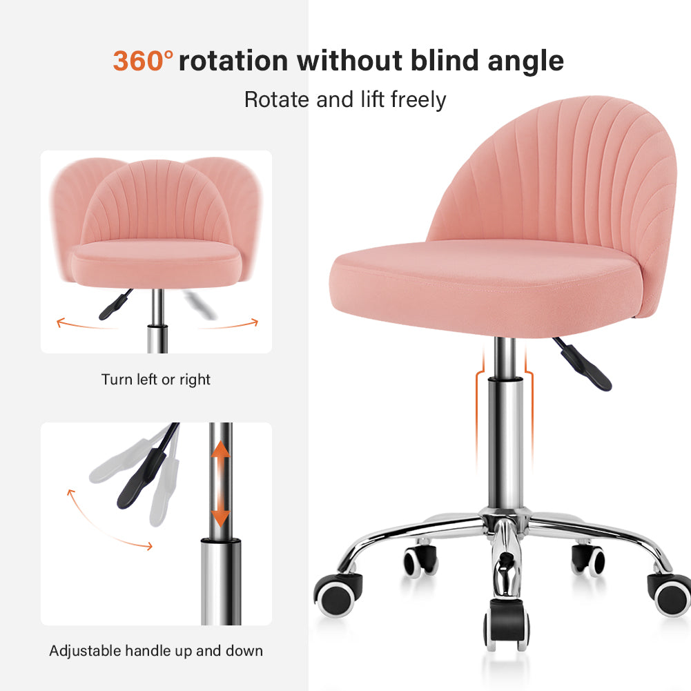 KKTONER Rolling Stool Swivel Chair Velvet Vanity Chairs Height Adjustable stools with Back for Makeup Drafting(Pink)